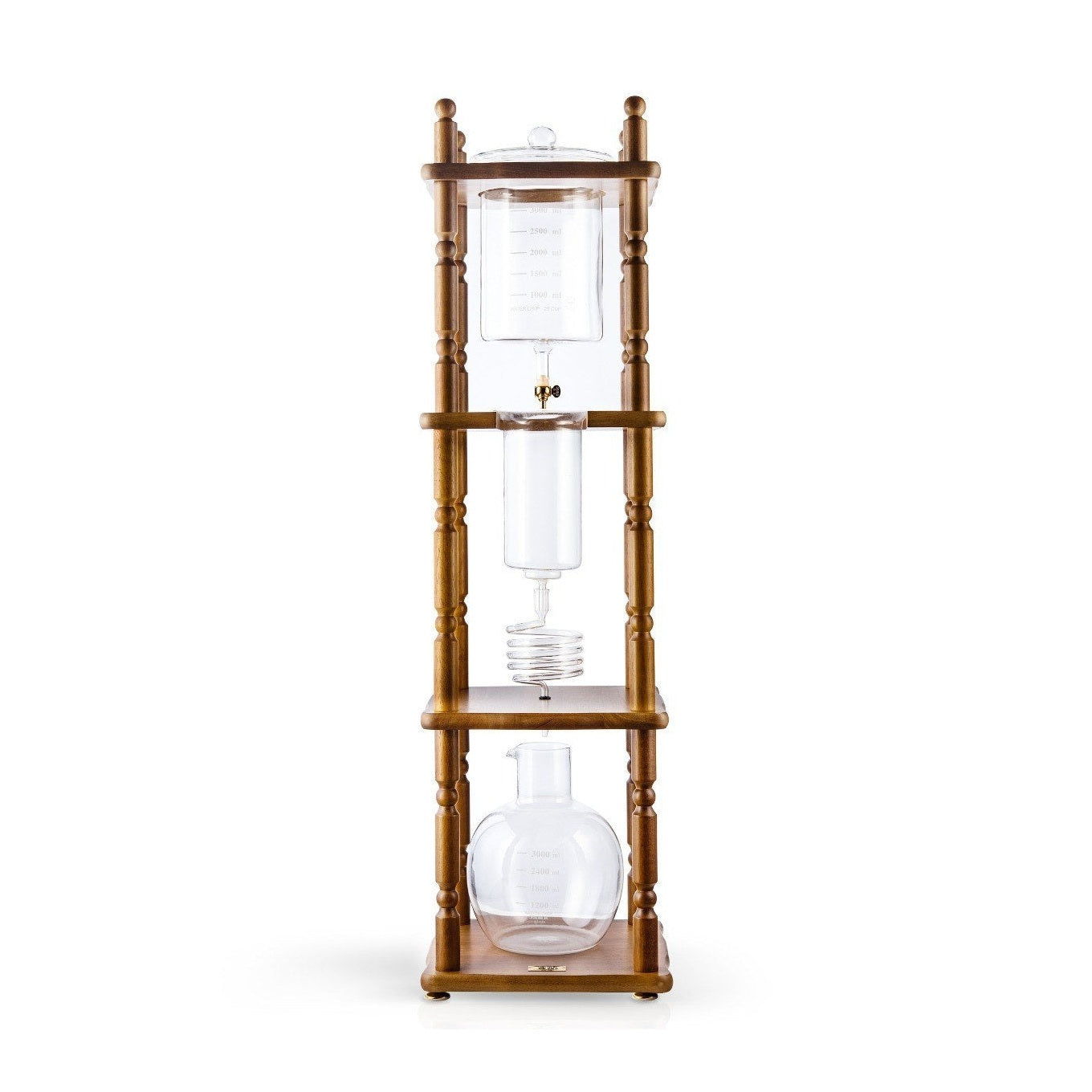Yama Glass Cold Brew Tower – Curved Brown Wood Frame – 25 Cup (100 oz)