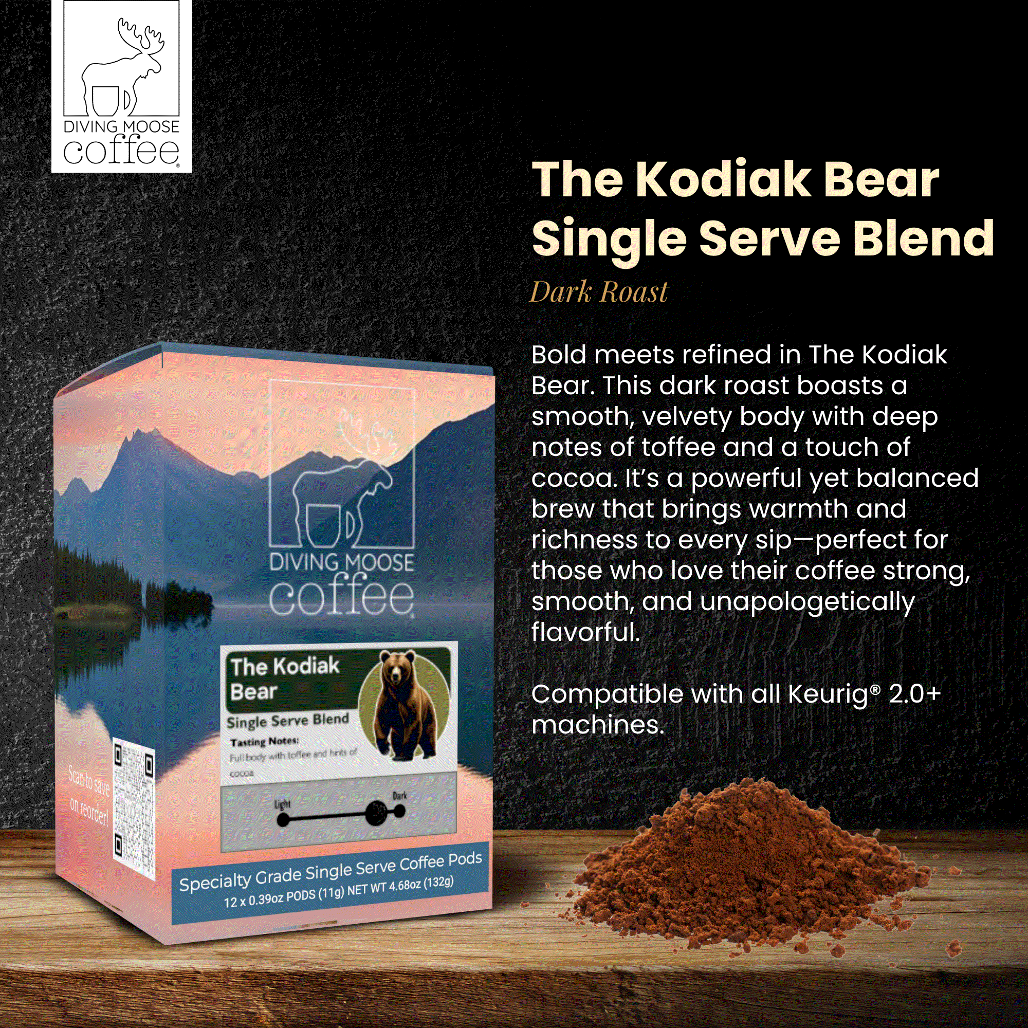 The Kodiak Bear - 12 Single Serve Coffee Pods Dark Roast Blend