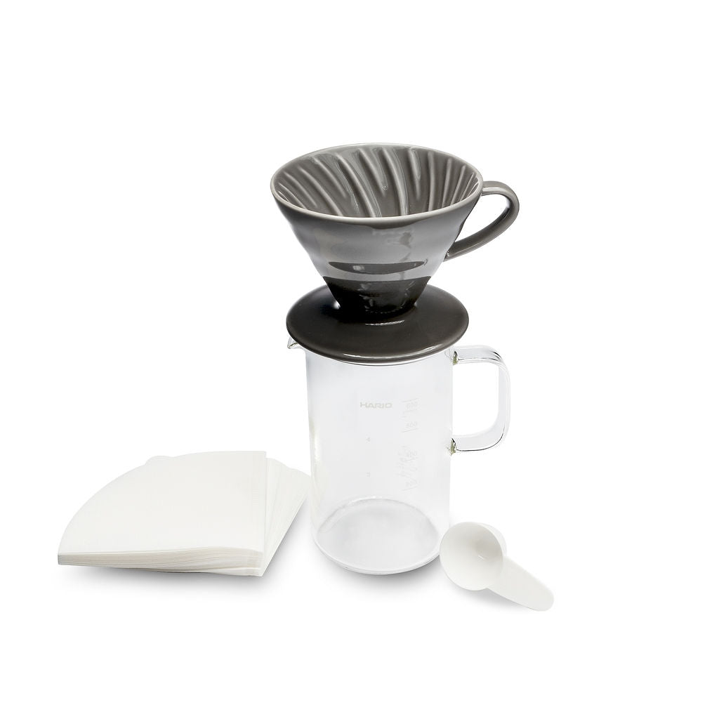 Hario Beaker Server and V60 02 Ceramic Dripper Coffee Set - Gray