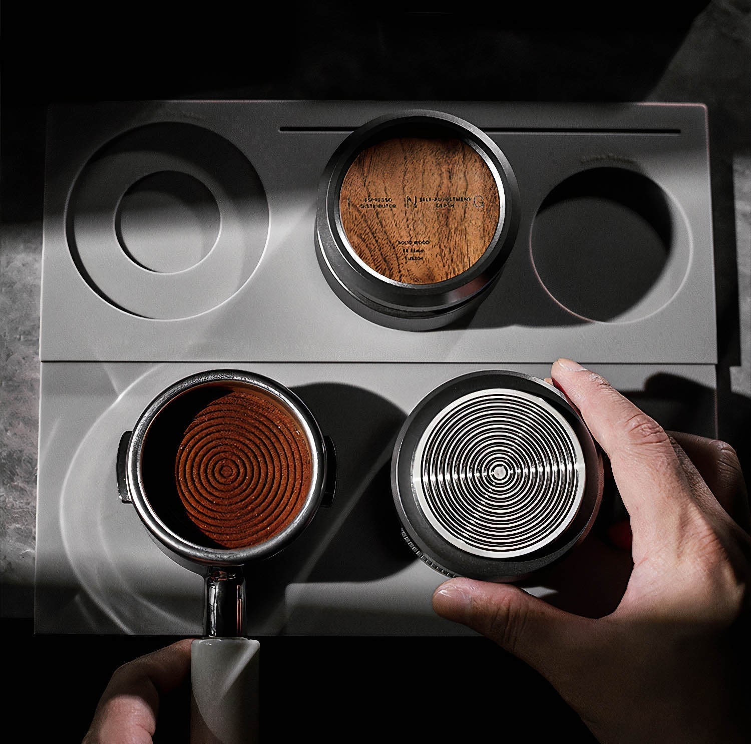 Gravity Tamper and Distributor with Wooden Lid