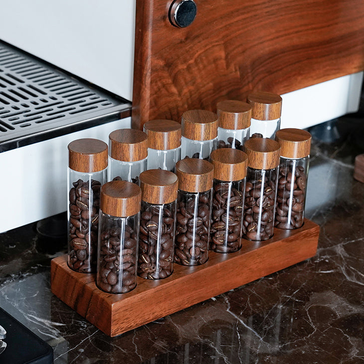 Coffee Bean Storage Tubes With Walnut Wood Base