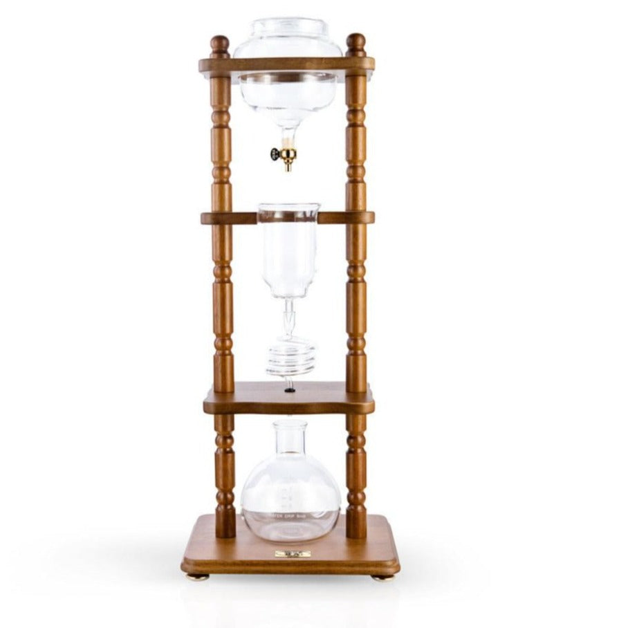 Yama Glass Cold Brew Tower – Curved Brown Wood Frame – 6–8 Cup (32 oz)