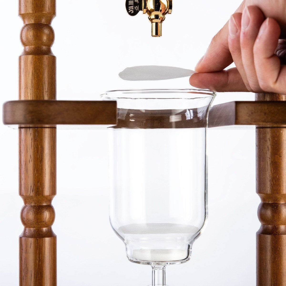 Yama Glass Cold Brew Tower – Curved Brown Wood Frame – 6–8 Cup (32 oz)