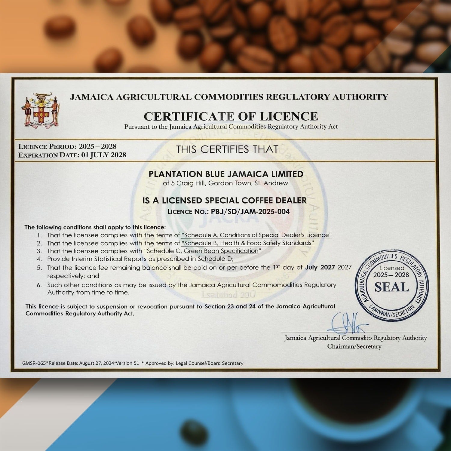 100% Jamaica Blue Mountain Premium Coffee (16 oz - medium roasted whole beans)