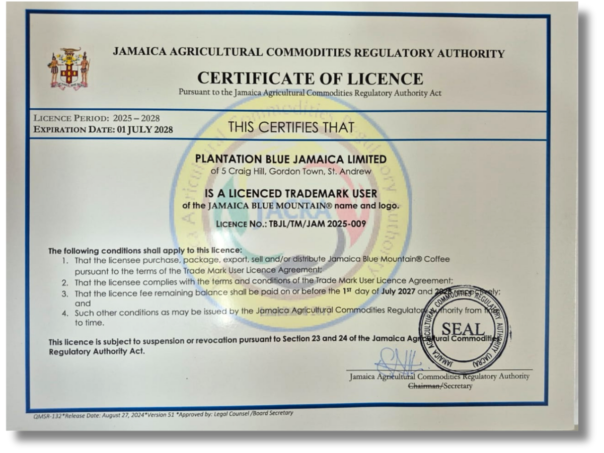 Plantation Blue 100% Jamaica Blue Mountain Premium Coffee (16 oz - medium roasted whole beans)