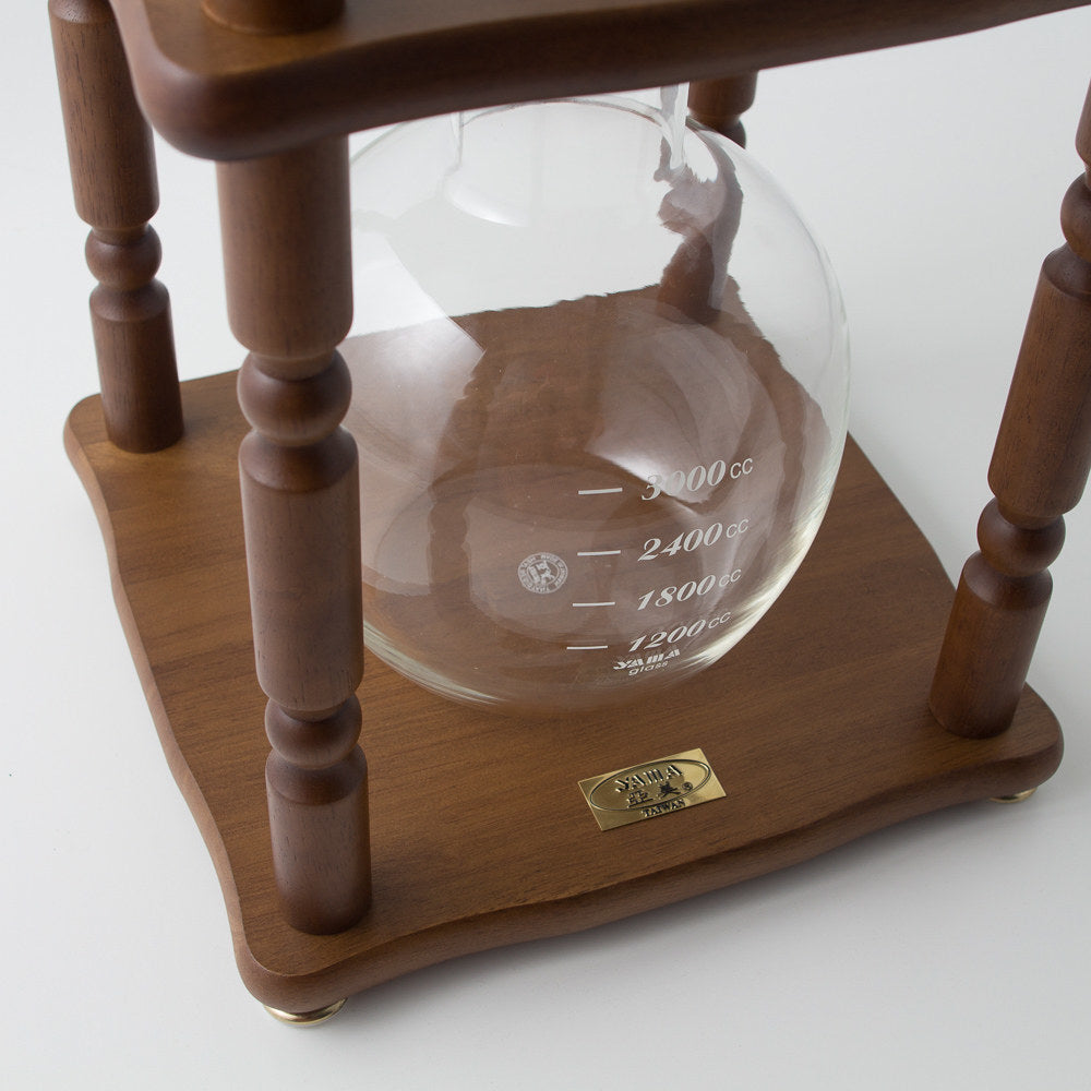 Yama Glass Cold Brew Tower – Curved Brown Wood Frame – 25 Cup (100 oz)